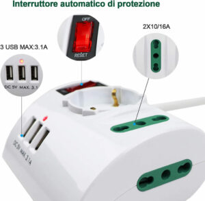 Interruttore automatico di protezione Multipresa da Scrivania con due bipasso 10/16°, una Schuko, 3 USB