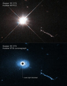 Quasar 3C 273 immagine ottenuto con un coronografo su Hubble per bloccare il bagliore proveniente dal buco nero supermassiccio al centro del quasar.