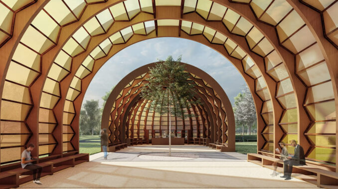 Rendering Serpentine 2025 Pavilion A Capsule in Time, progettato da Marina Tabassum