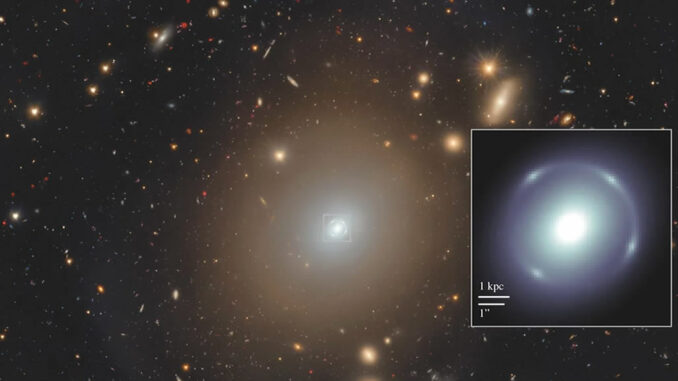 L’alone stellare di NGC 6505 con l'anello di Einstein mostrato ingrandito a destra